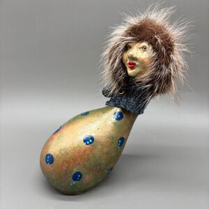 Gourd Art Sculpture J Minter Artist Signed Whimsical Folk Figure Fur Mixed Media